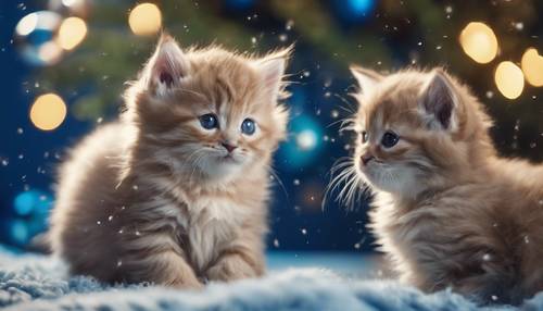 Adorables gatitos jugando bajo un árbol de Navidad azul