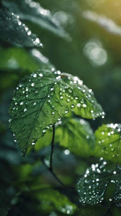 Shimmering morning dew on the leaves of a dark green forest.