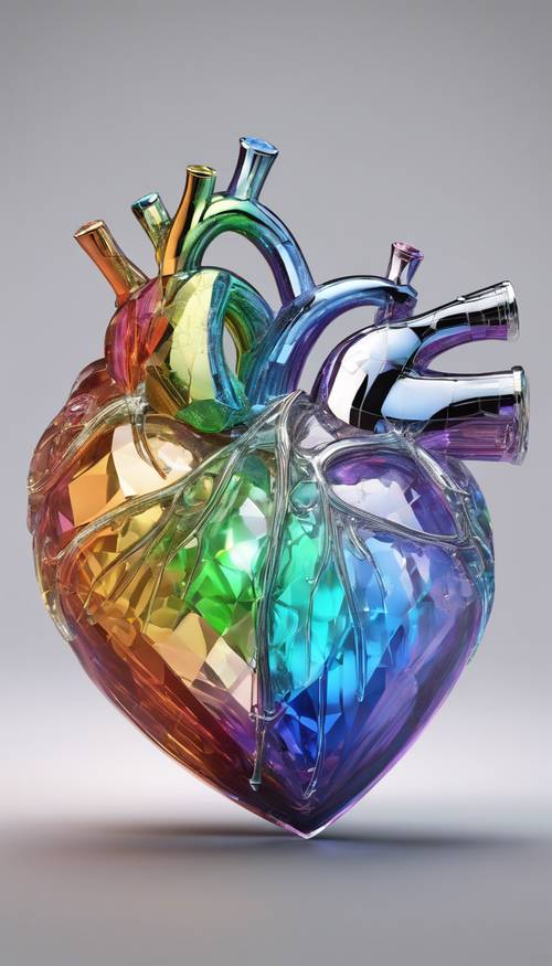 A large 3D heart made of crystal, reflecting rainbow light in every direction. Tapet [d8207ca74e7940da92c3]