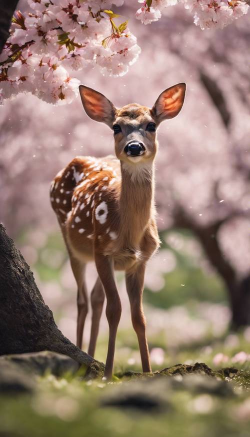 一只小鹿栖息在盛开的樱花树下，它的斑点模仿着飘落的花瓣。