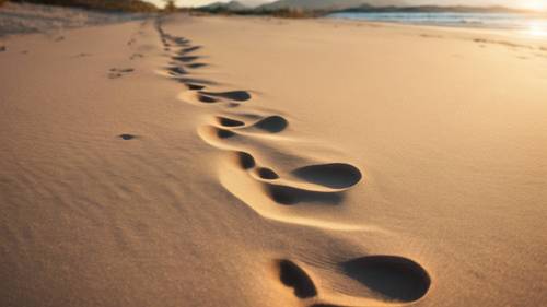沙灘上的一排腳印向著夕陽，呼應著持續的減肥之旅。