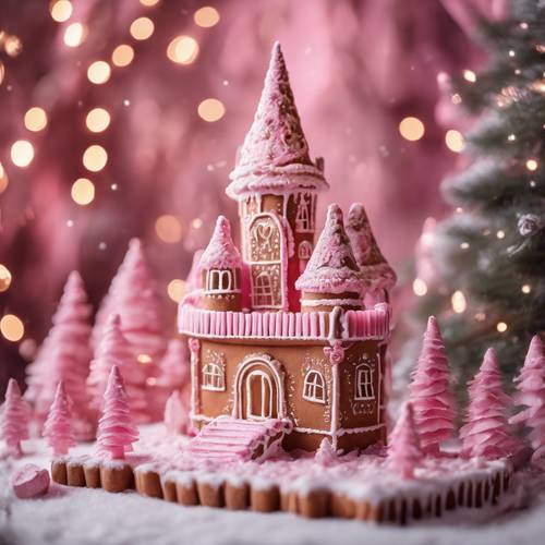 A whimsical pink gingerbread castle in a magical Christmas setting. Tapeet [03c49724a9024fe3b7b5]