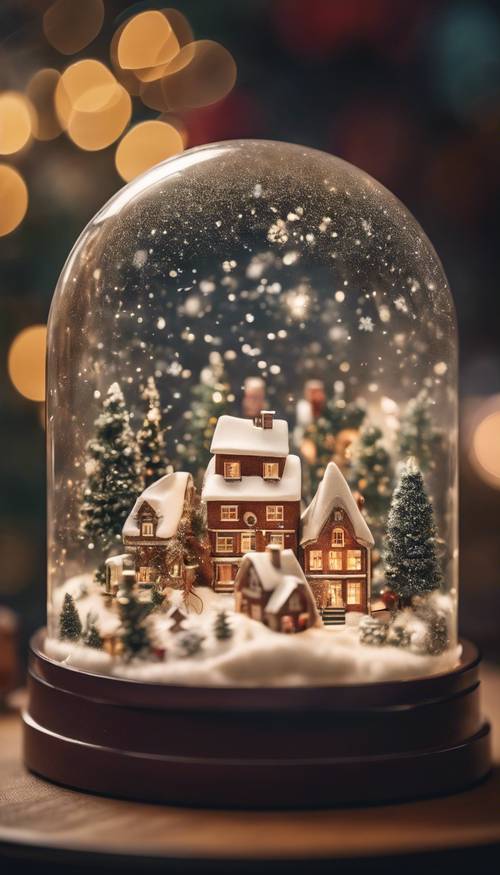 Una bola de nieve que representa un pueblo navideño en miniatura, con los copos de nieve girando alrededor de las casas y la plaza iluminada por los árboles.