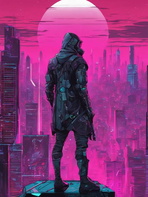 Ein Bild eines Cyberpunk-Attentäters, der auf eine monochrome, riesige Stadtlandschaft blickt.