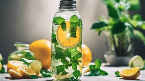 排毒水瓶周圍環繞著新鮮薄荷和柑橘片，促進健康補水。