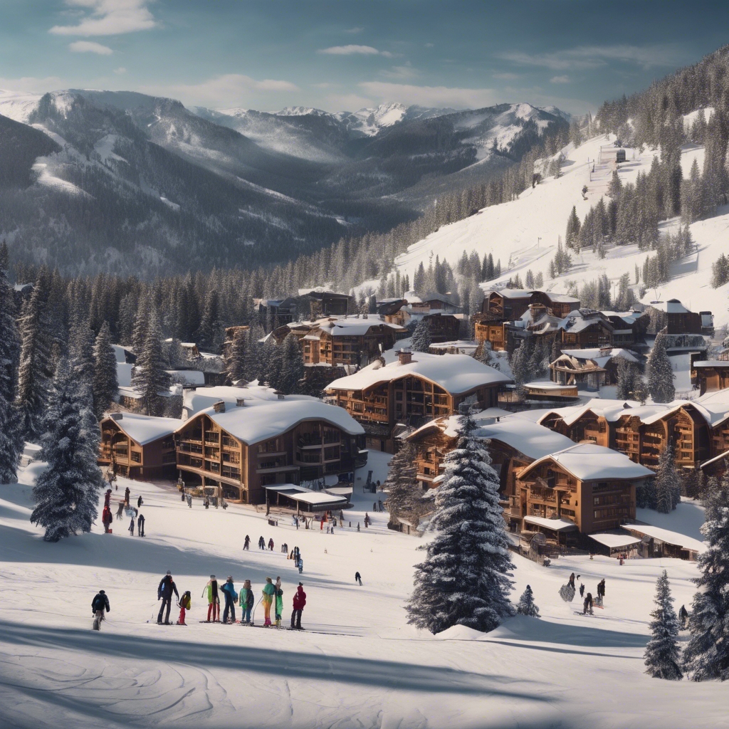 A panoramic view of a popular ski resort bustling with skiers, snowboarders and cozy lodges.壁紙[794fbbfb227c4e1d856e]