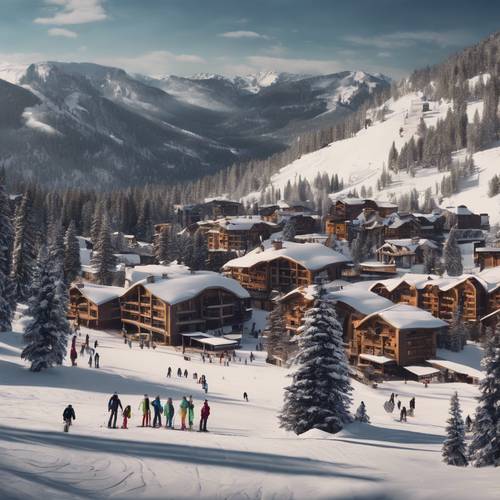 A panoramic view of a popular ski resort bustling with skiers, snowboarders and cozy lodges.