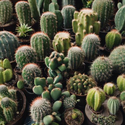 Gruppo di cactus di varie dimensioni, ciascuno contraddistinto da una diversa tonalità di verde.