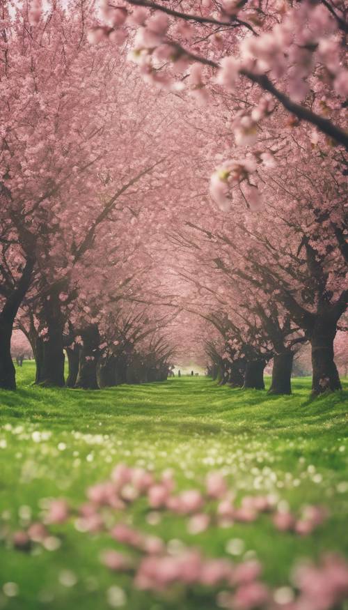 一片绿色草地，盛开着粉色的樱花树。