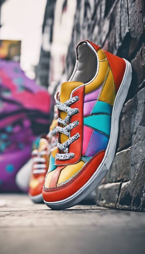 A close-up of brightly colored, funky sneakers on a modern urban street.