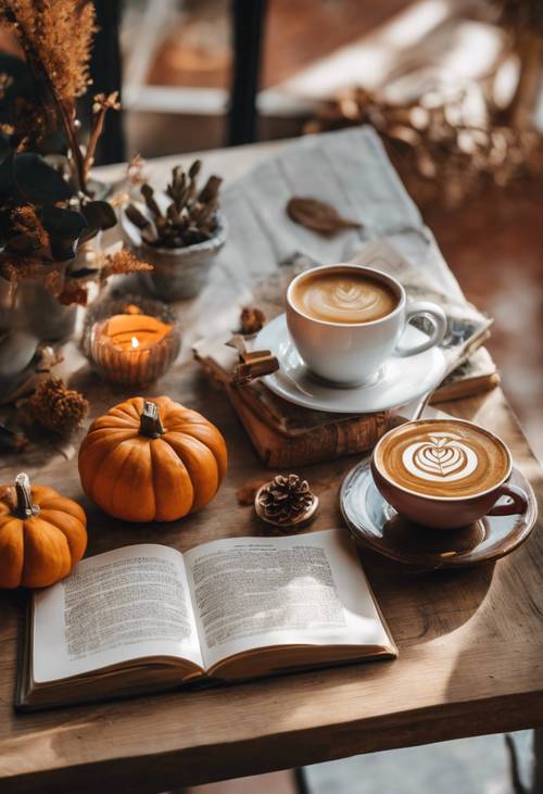 Jesienny stolik do kawiarni w stylu boho z filiżanką latte z przyprawami dyniowymi, książką w stylu vintage i akcesoriami boho.