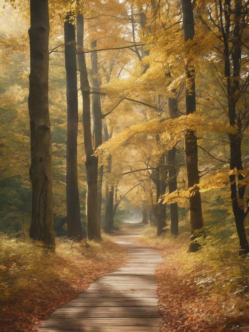 Une scène sereine d&#39;un chemin forestier en automne, les mots « Paix : un état d&#39;harmonie mutuelle entre des personnes ou des groupes » formés avec des feuilles sur le chemin.