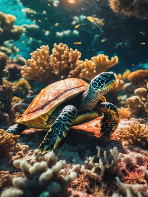 An underwater pizza delivery turtle navigating through a bustling coral reef.