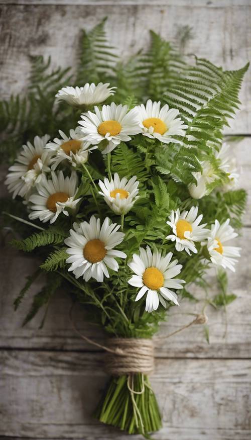 Buket bunga aster dan pakis yang menawan, dibungkus dengan benang pedesaan, dengan palet warna hijau muda dan putih.