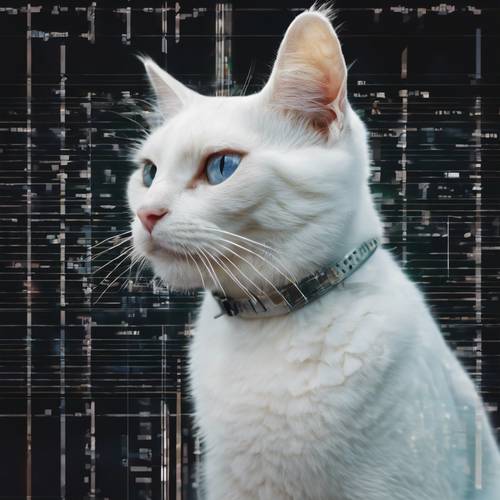 Una obra de arte digital de un gato blanco que se transforma en píxeles digitales, cuyo código se deconstruye visiblemente y simboliza la transición a la era digital.