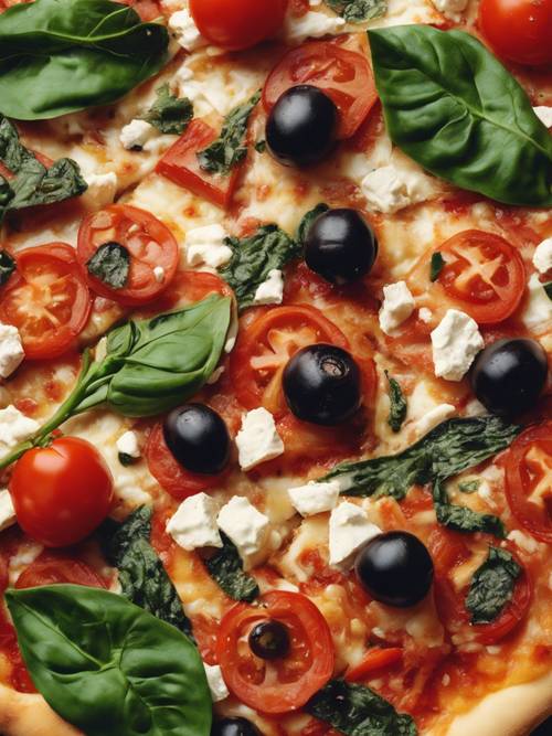 A close-up of a Greek-inspired pizza, with a topping of feta cheese, spinach, olives, and juicy tomatoes.