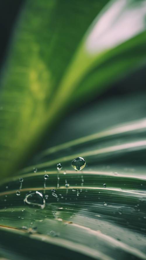 Tiny rainwater rivers navigating the veins of a banana leaf.