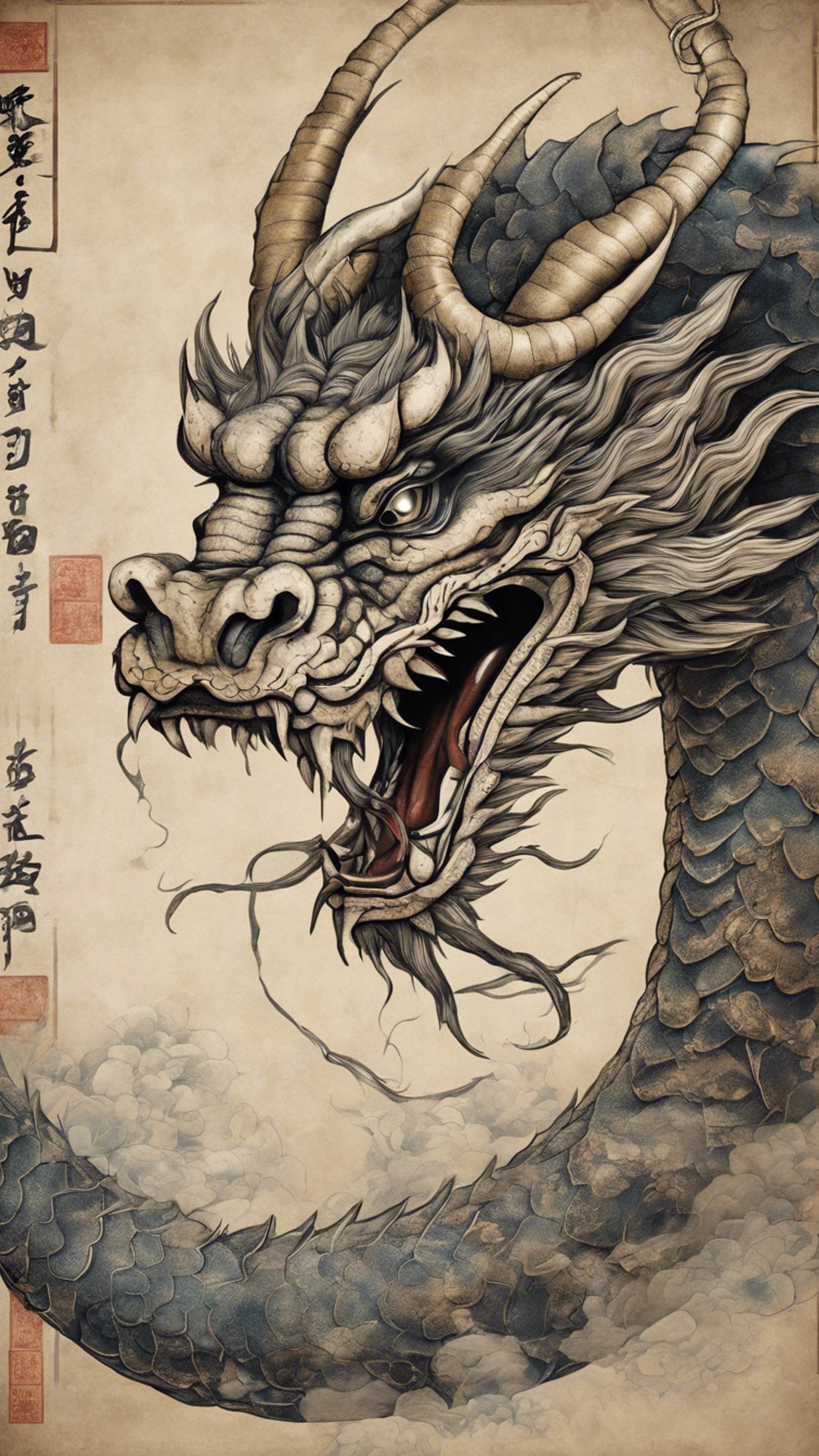 A majestic Japanese dragon illustrated in an ancient scroll. 牆紙[ee61e4c394914154b9e3]