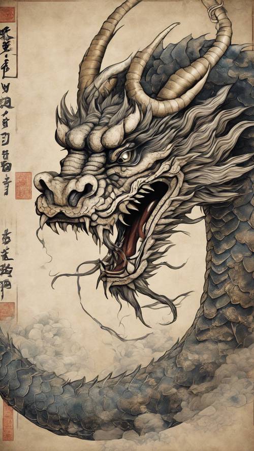 Một con rồng Nhật Bản hùng vĩ được minh họa trong một cuộn giấy cổ.