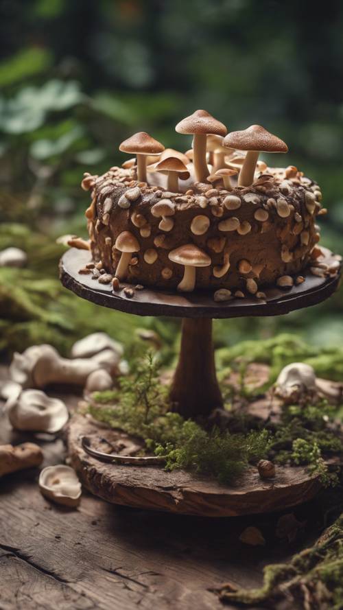 A delightfully delicious mushroom cake with edible mushroom decorations, standing on a rustic wooden table.