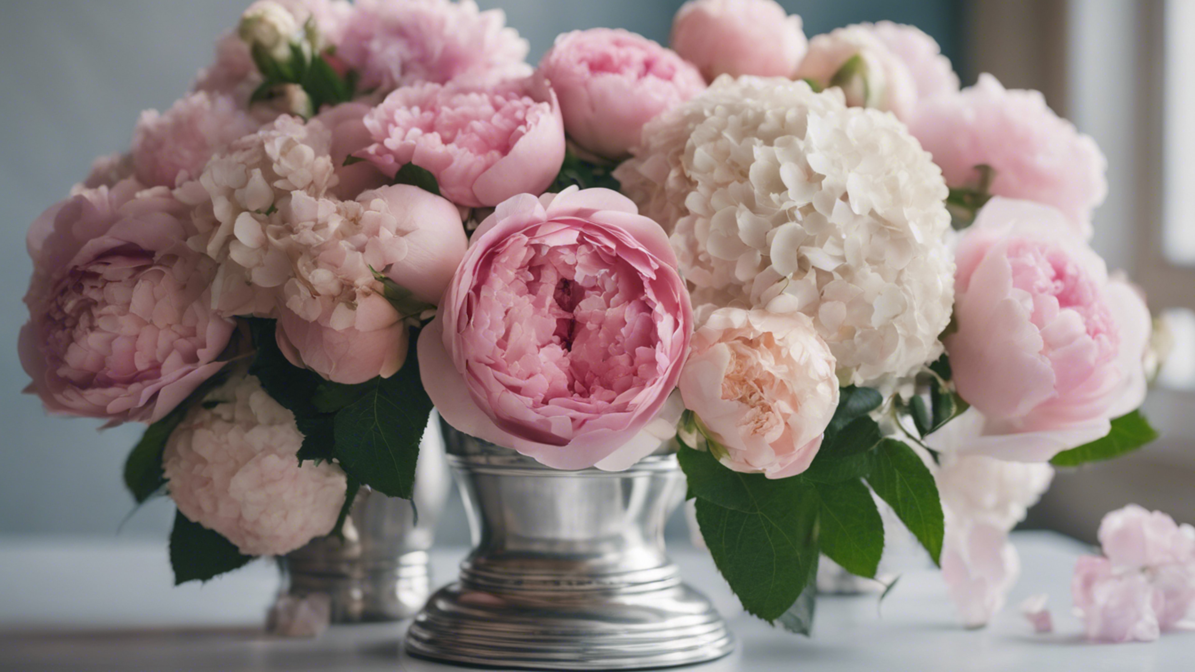 An arrangement of pink roses, peonies, and hydrangeas in a silver vase, embodying preppy elegance. Обои[810d260cf91945bd97fc]