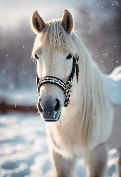 דיוקן של סוס מיניאטורי, מעוטר ברסן תכשיט מסנוור, עומד בנוף מכוסה שלג.