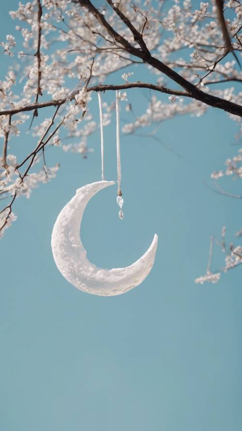 A white crescent moon hanging like a delicate carving in a clear blue daytime sky.