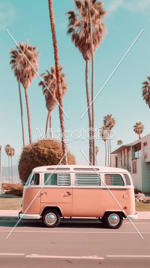 Palm Trees and Vintage Van in Sunny Day Background