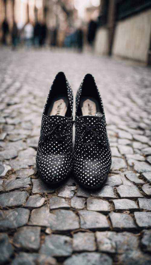 Black polka dot shoes in a street style setting.