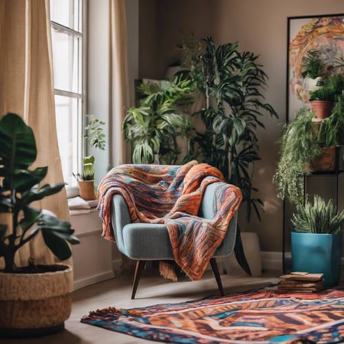 Un coin cosy dans un salon bohème moderne, avec un support à plantes débordant et un fauteuil à motifs vibrants drapé d&#39;une couverture tricotée.