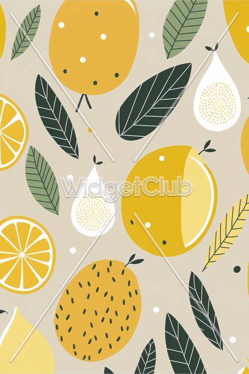 明るい柑橘類と葉の模様の壁紙