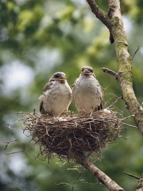 A mother bird sitting on her eggs in the nest, her mate perched on an opposing branch, both watching protectively.