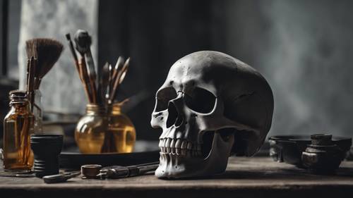 Natürmort masasının üzerinde gri bir kafatası bulunan karamsar bir sanatçının stüdyosu.