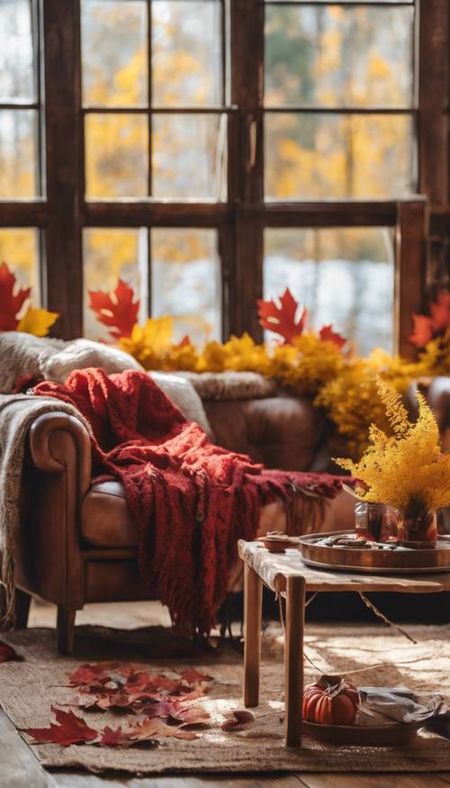 Un accogliente soggiorno in stile bohémien con mobili rustici in legno decorati con foglie autunnali giallo senape e rosso cremisi.