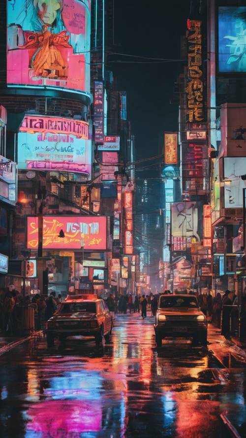 Pemandangan kota yang ramai di malam hari diterangi oleh lampu neon yang semarak dan papan reklame yang menyala.