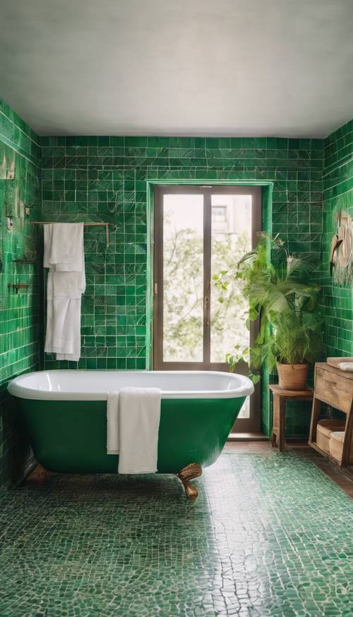 Kamar mandi keramik boho hijau dengan seprai putih dan bak mandi berdiri bebas