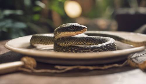 Little snake sitting at a table, cutely eating a rat.