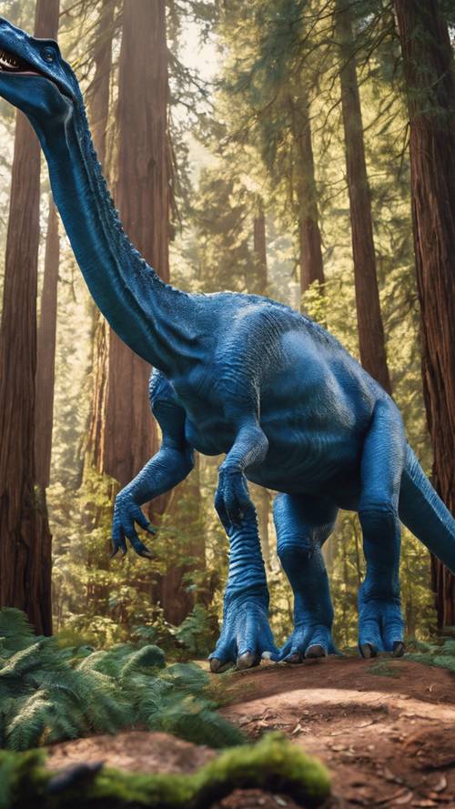 A wisen blue Brachiosaurus calmly dining on the top branches of towering redwoods. Tapeta [d1c5bf2ad04e4226b674]