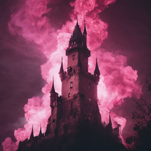 Chamas cor-de-rosa espiralando ao redor da torre de um castelo escuro e sinistro.
