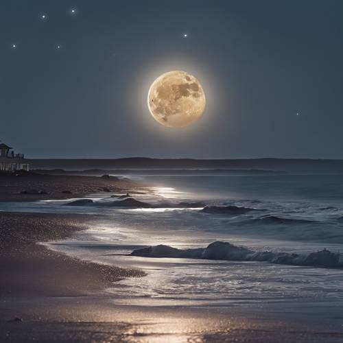 Malam tepi pantai yang tenang, dengan bulan purnama yang memantulkan ombak lembut, menciptakan cahaya keperakan yang memesona.