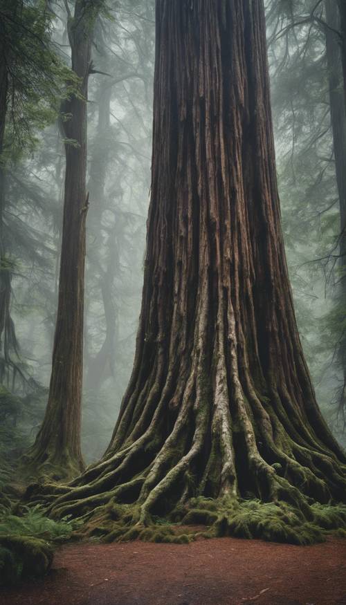 An ancient, giant cedar tree in the depth of a mystical forest during a drizzling day