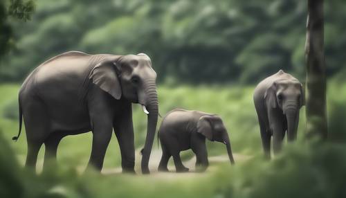 A family of elephants taking a leisurely stroll through the dense green jungle.