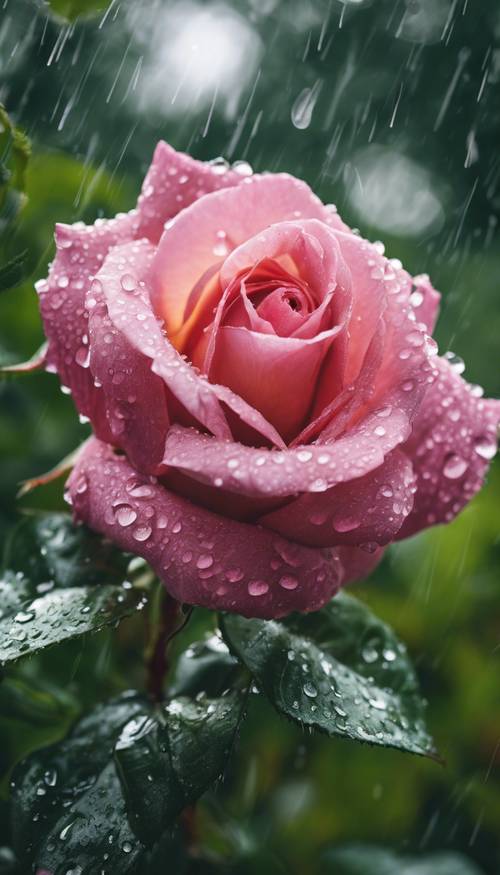 Розовая роза с каплями дождя на фоне пышных зеленых листьев.
