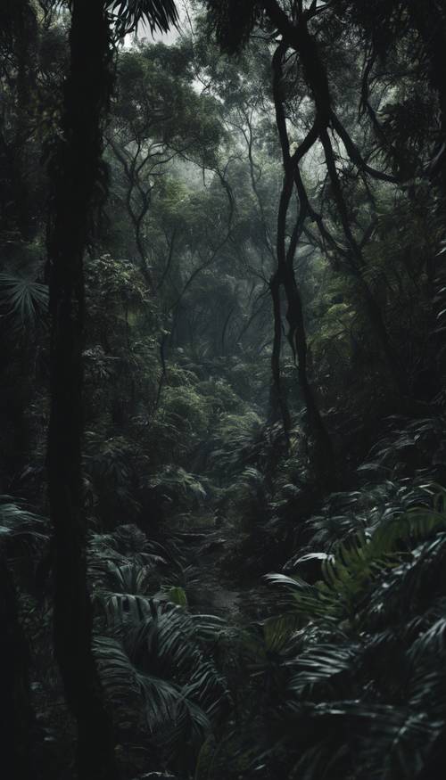 A dense black jungle filled with trees shrouded in darkness and the hint of eyes peeping from behind the trees.