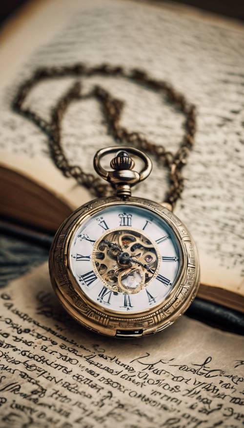 Metaliczny zegarek kieszonkowy w stylu vintage o skomplikowanych wzorach, leżący otwarty na antycznej książce, którą trzeba przeczytać.