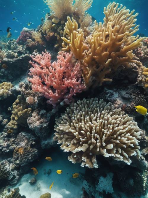在熱帶海洋水晶般清澈的海水下，可以看到令人眼花撩亂的珊瑚礁水生景觀。