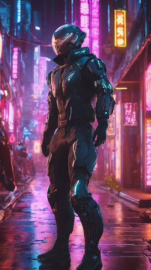 Cyborg bergaya anime berjalan melalui gang-gang yang diterangi lampu neon di kota futuristik, dengan mobil terbang di atasnya.