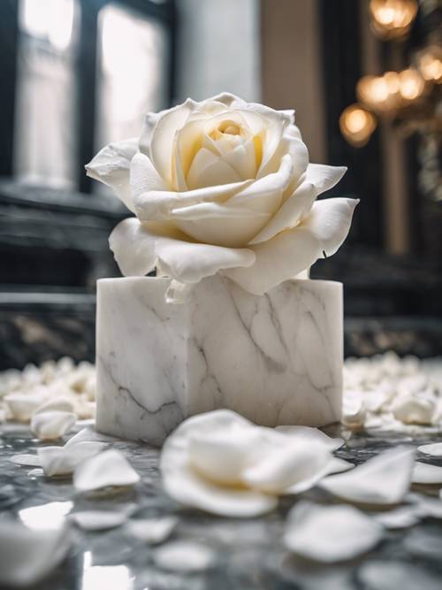 Płatki białych róż porozrzucane na podstawie marmurowego posągu.