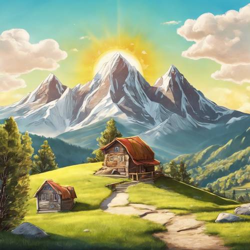 這是一幅完美的兒童畫，描繪了明媚陽光下一座非常友好、快樂、可愛的山。