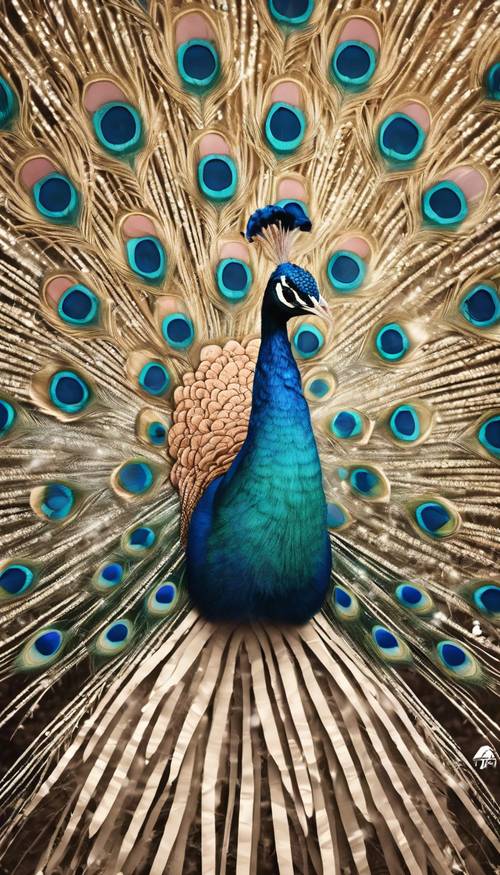 Detailed depiction of a peacock in full plume, illustrated in the dynamic, geometric style of Art Deco. Тапет [62da1e37a66d44909d01]